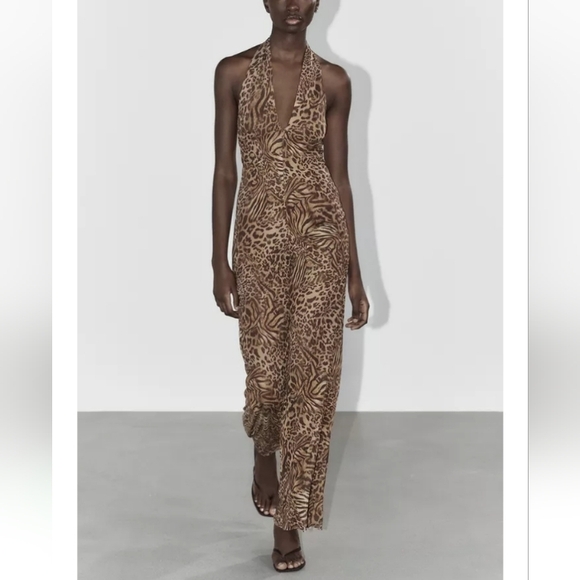 Zara Animal Print Tullle Halter Jumpsuit Sz-L - Picture 1 of 16